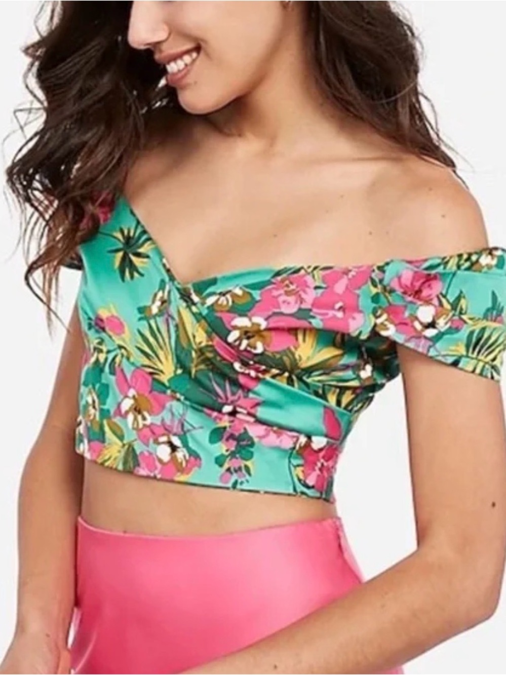 Express x Rocky Barnes Hawaiian floral crop top off shoulder
